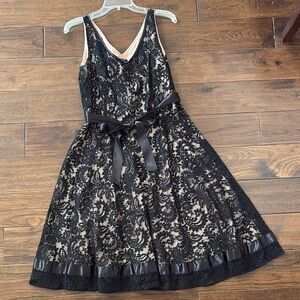 Tahari Elegant Black Lace Dress with Satin Bow